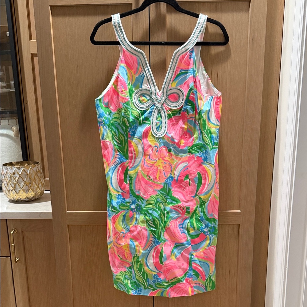 Lilly Pulitzer Colorful Floral Beaded V-Neck Shift Dress